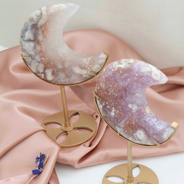 Flower Agate Crescent Moon on Gold Tone Stand