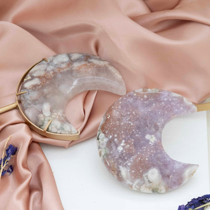 Flower Agate Crescent Moon on Gold Tone Stand