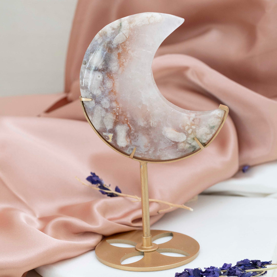 Flower Agate Crescent Moon on Gold Tone Stand