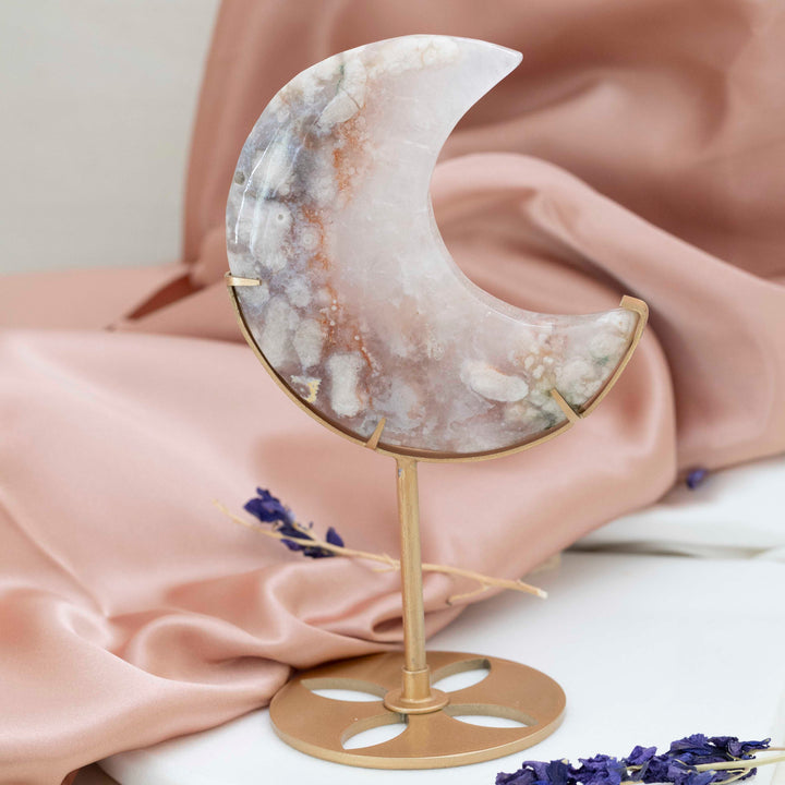 Flower Agate Crescent Moon on Gold Tone Stand