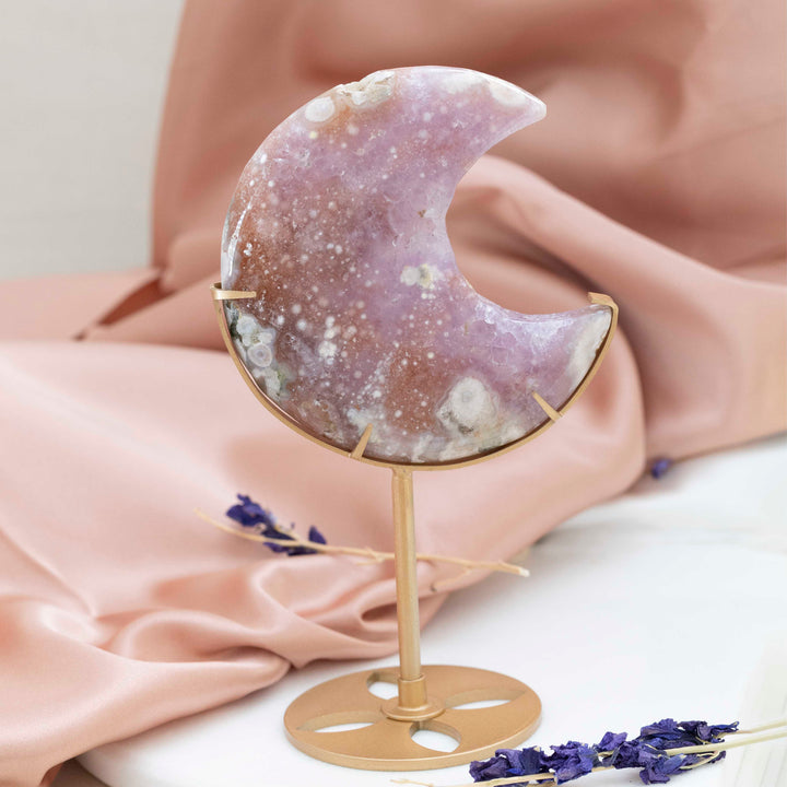 Flower Agate Crescent Moon on Gold Tone Stand
