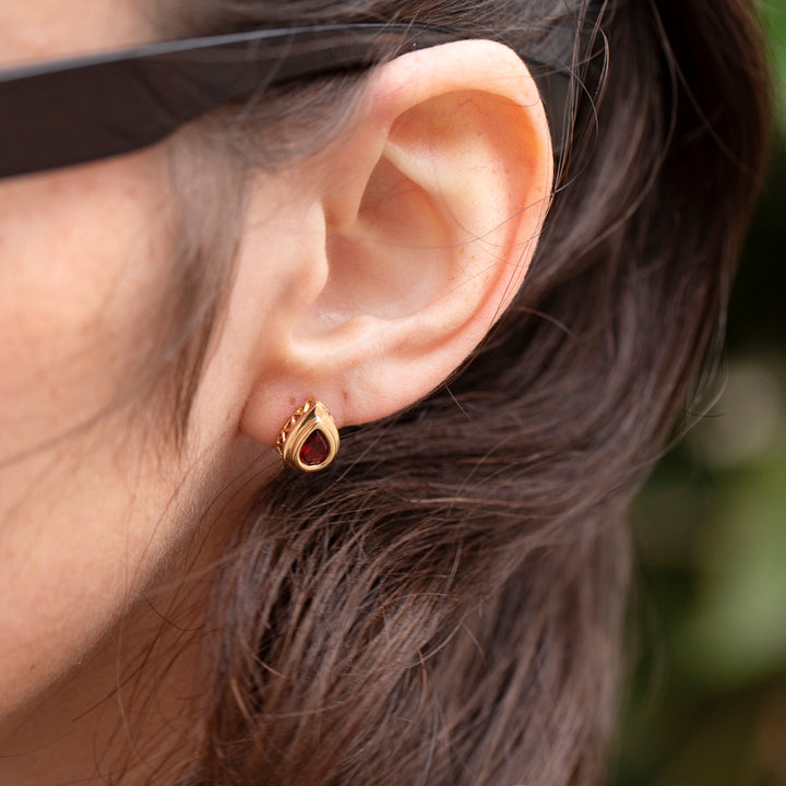 Vintage Garnet Bezel Set Stud Earrings in 14K Yellow Gold