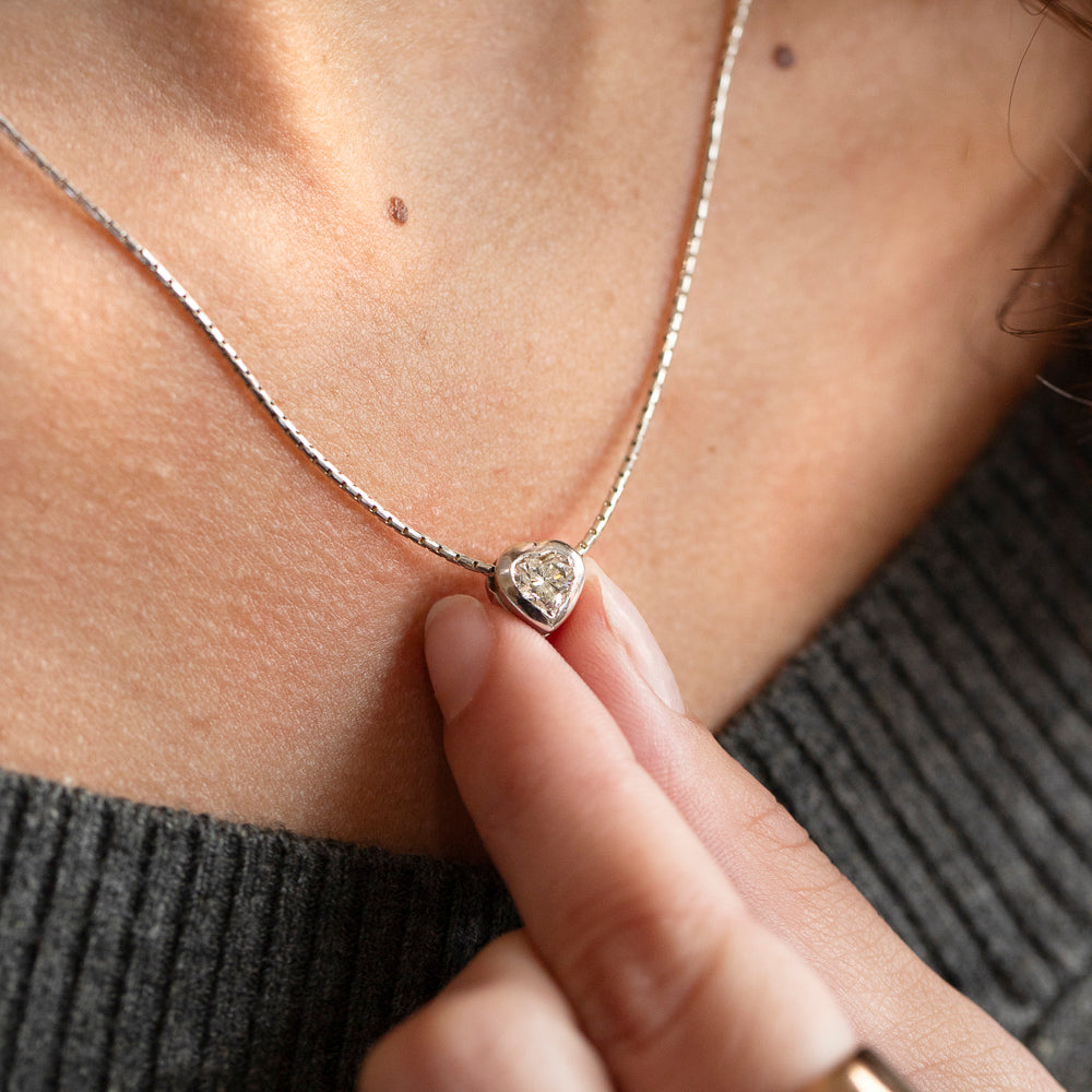 Vintage Heart Cut Diamond Necklace in 14K White Gold