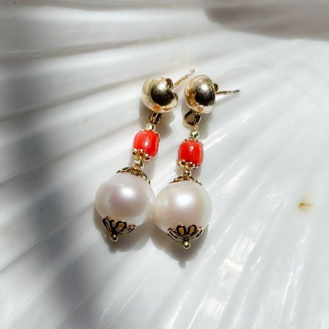 Red Coral & Pearl Dangle Earrings in Gold Over Sterling Silver