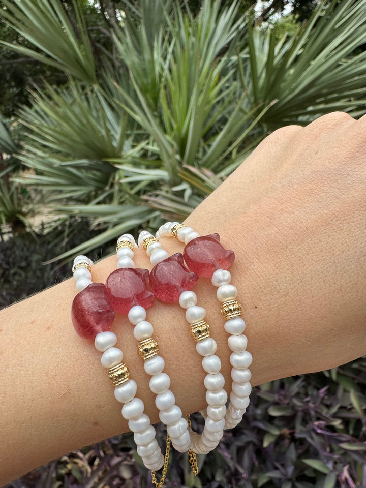 Fresh Water Pearl & Strawberry Quartz Cat Bracelet