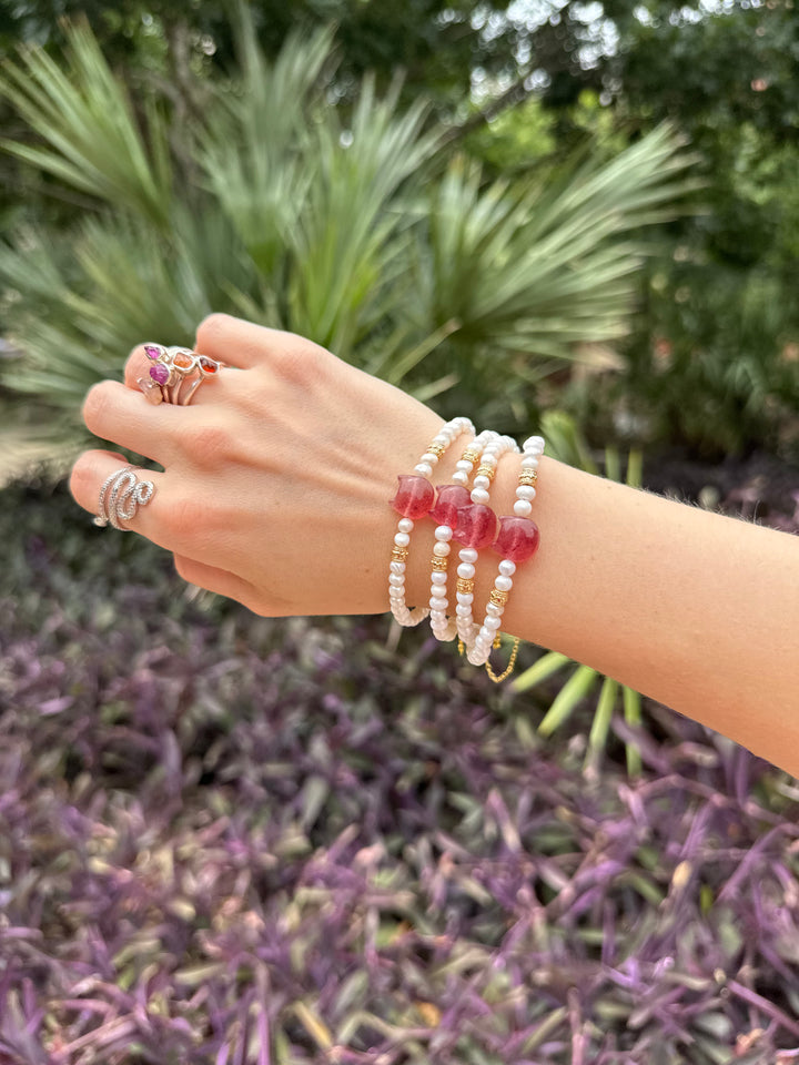 Fresh Water Pearl & Strawberry Quartz Cat Bracelet