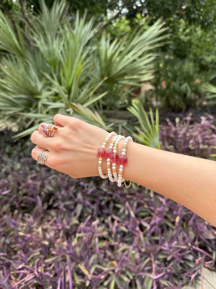 Fresh Water Pearl & Strawberry Quartz Cat Bracelet