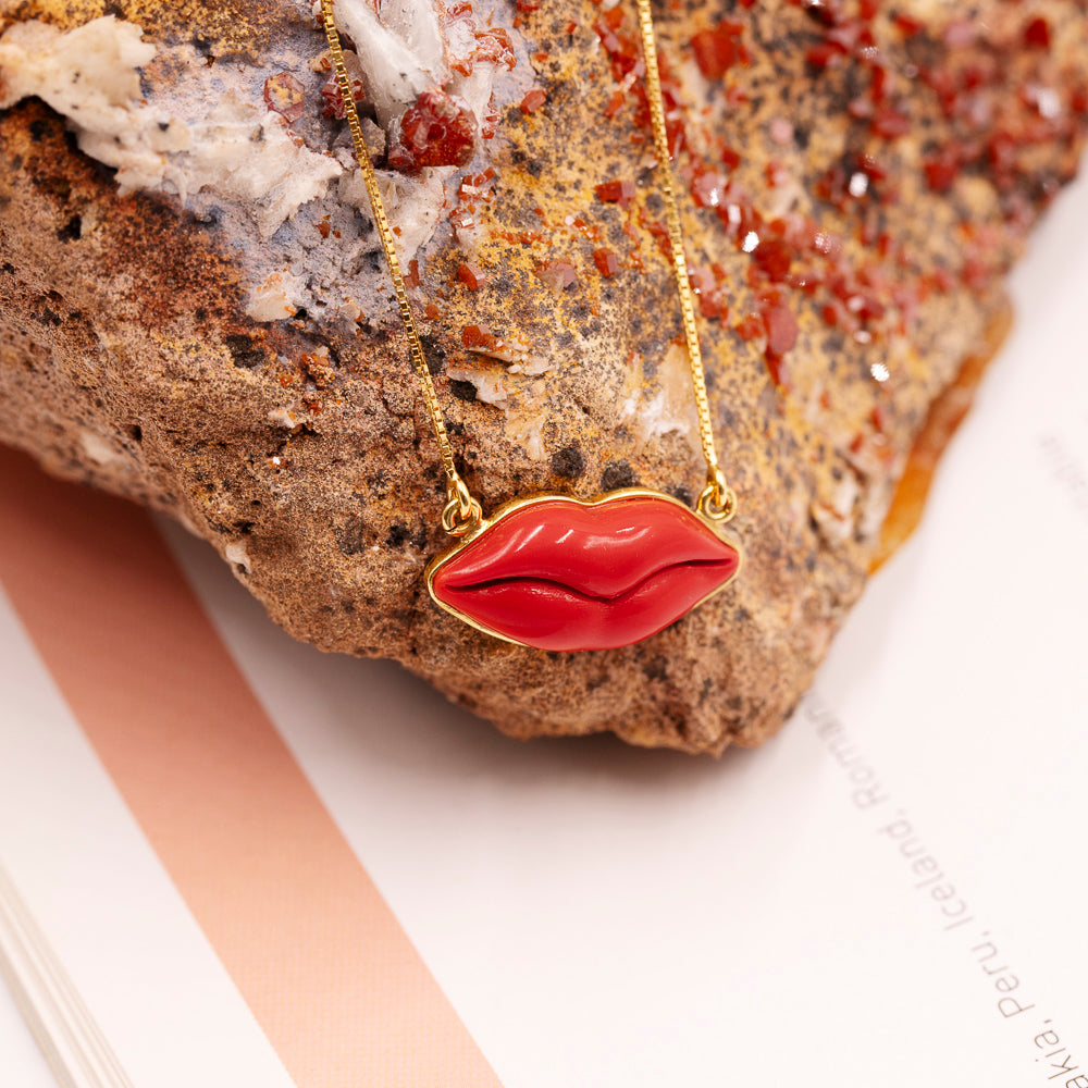 Italian Red Coral Full Lips Necklace in  Gold Vermeil