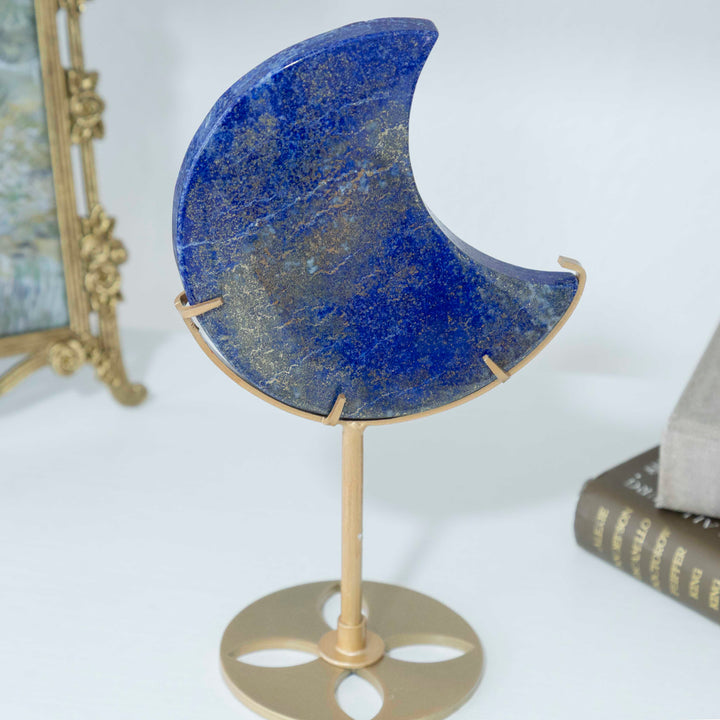 Lapis Lazuli Crescent Moon on Gold Tone Stand