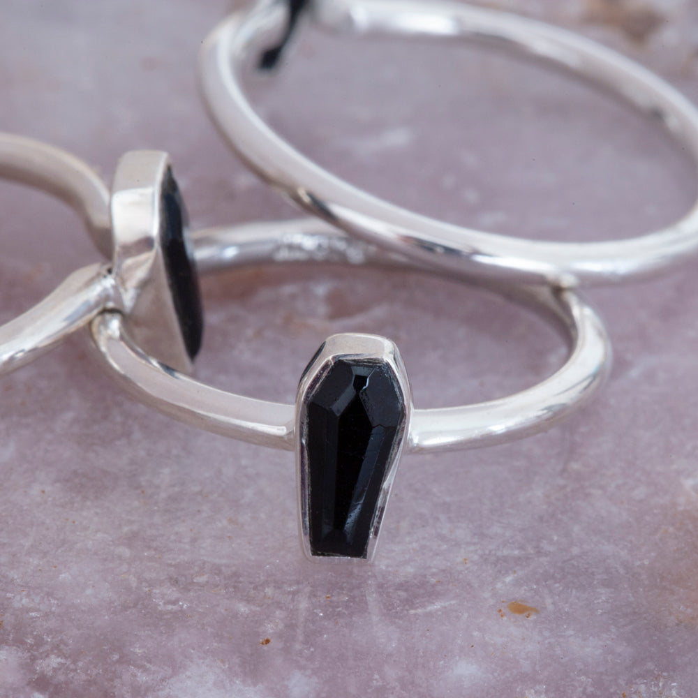 Black Tourmaline Coffin Ring in Sterling Silver