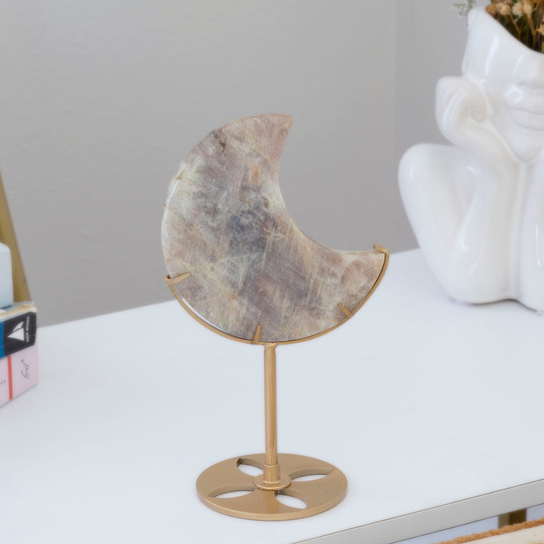 Moonstone Crescent Moon on Gold Tone Stand