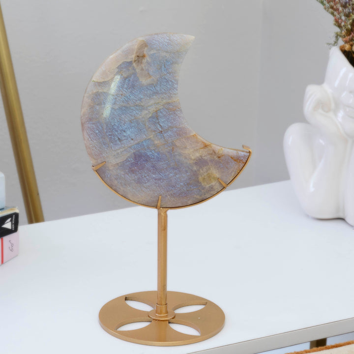 Moonstone Crescent Moon on Gold Tone Stand