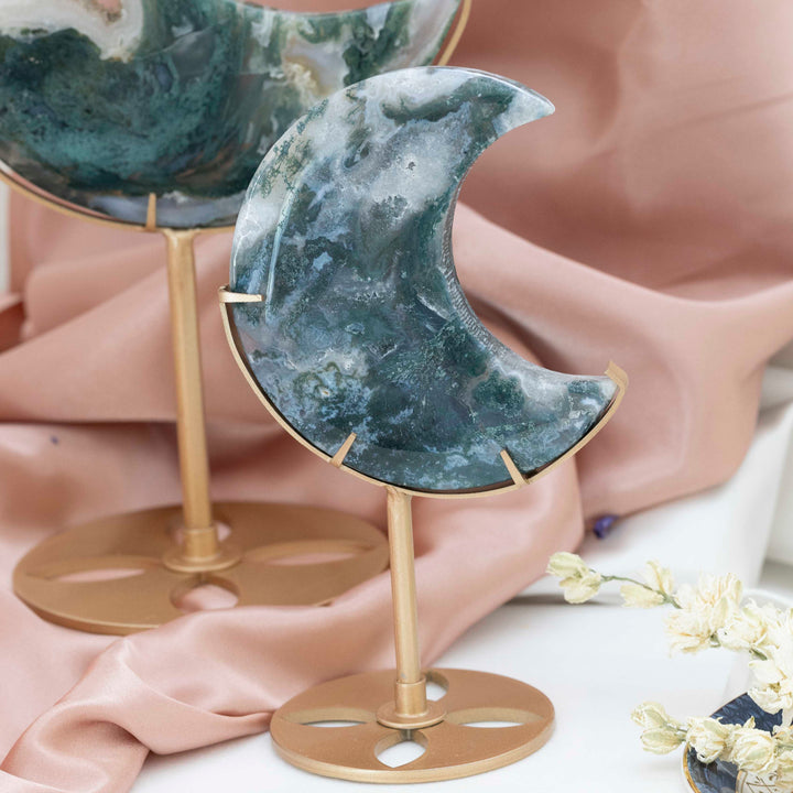 Moss Agate Crescent Moon on Gold Tone Stand