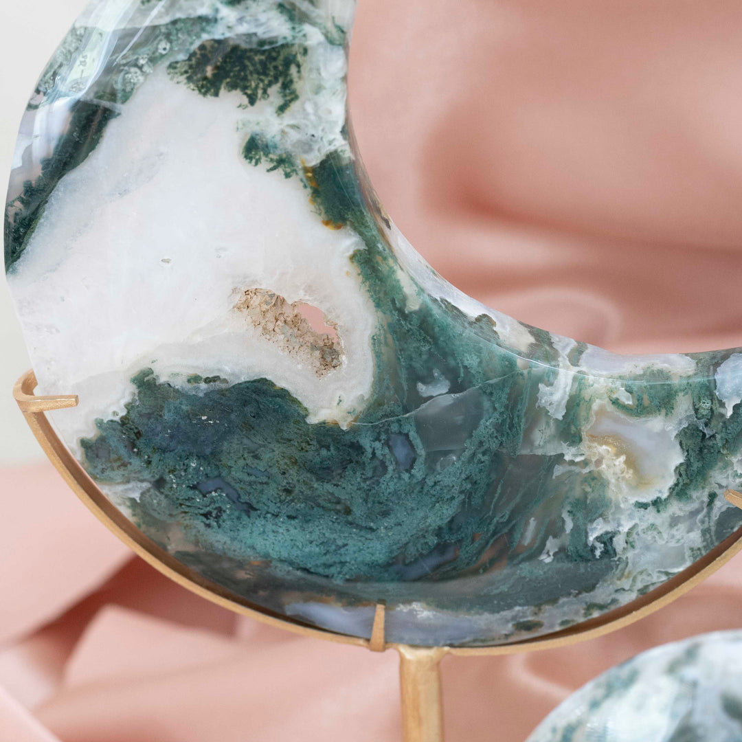 Moss Agate Crescent Moon on Gold Tone Stand