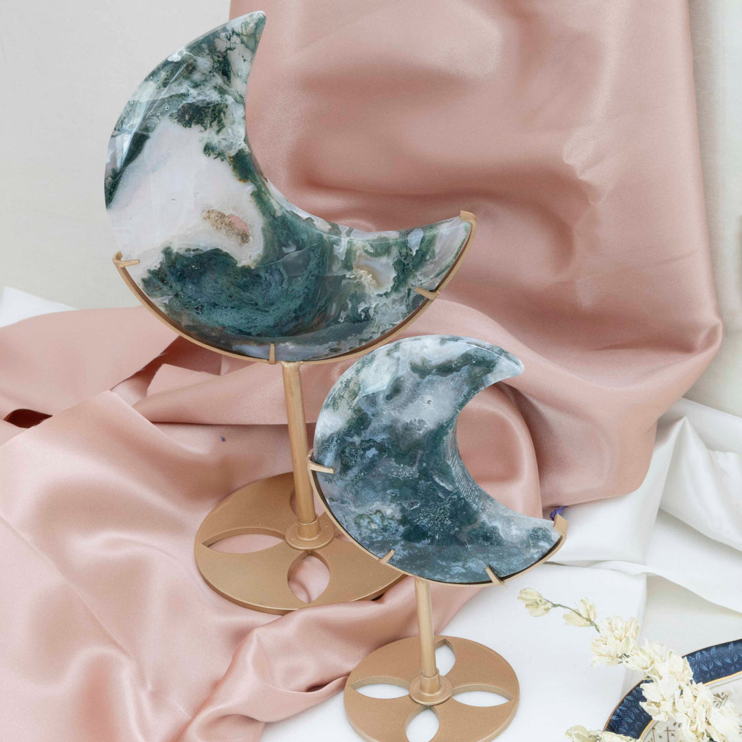 Moss Agate Crescent Moon on Gold Tone Stand