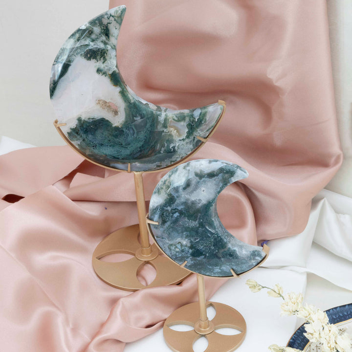 Moss Agate Crescent Moon on Gold Tone Stand