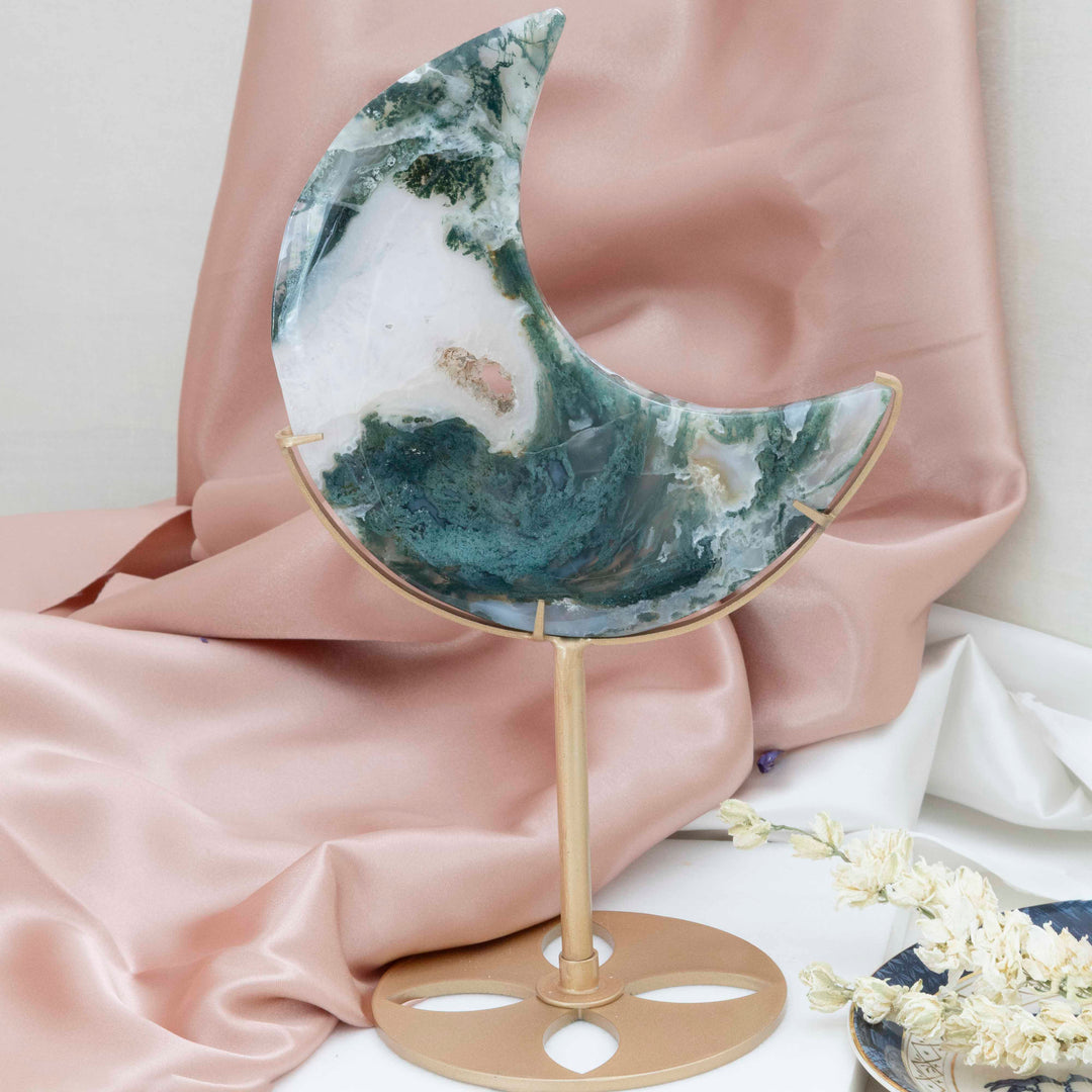 Moss Agate Crescent Moon on Gold Tone Stand