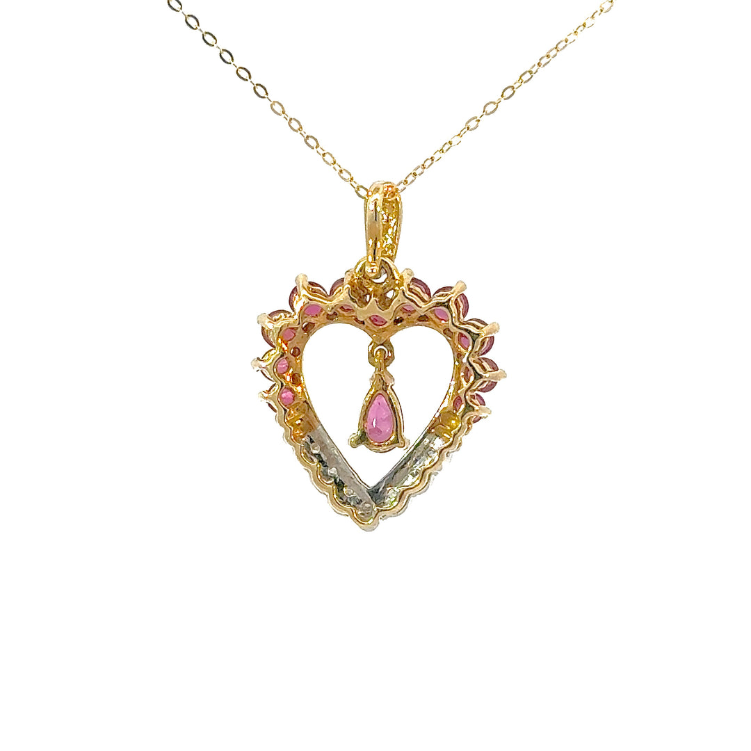 Vintage Pear Cut Ruby & Round Cut Diamond Heart Necklace in 14K Yellow Gold