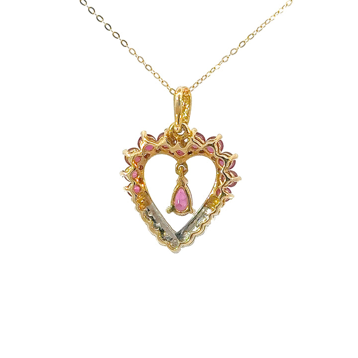 Vintage Pear Cut Ruby & Round Cut Diamond Heart Necklace in 14K Yellow Gold