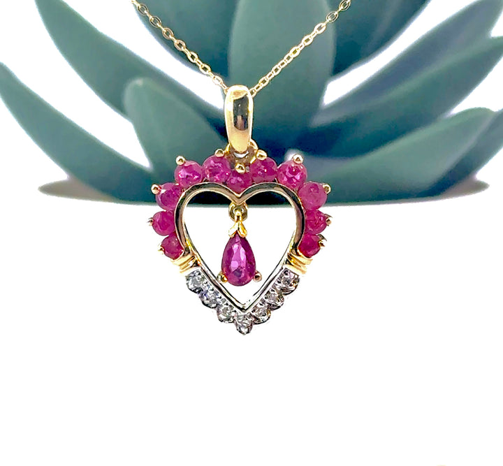 Vintage Pear Cut Ruby & Round Cut Diamond Heart Necklace in 14K Yellow Gold
