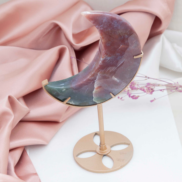 Ocean Jasper Crescent Moon on Gold Tone Stand