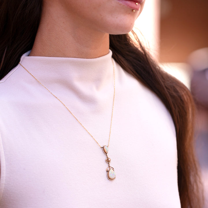 Vintage Opal, Pearl & Diamond Necklace in 10/14K Yellow Gold