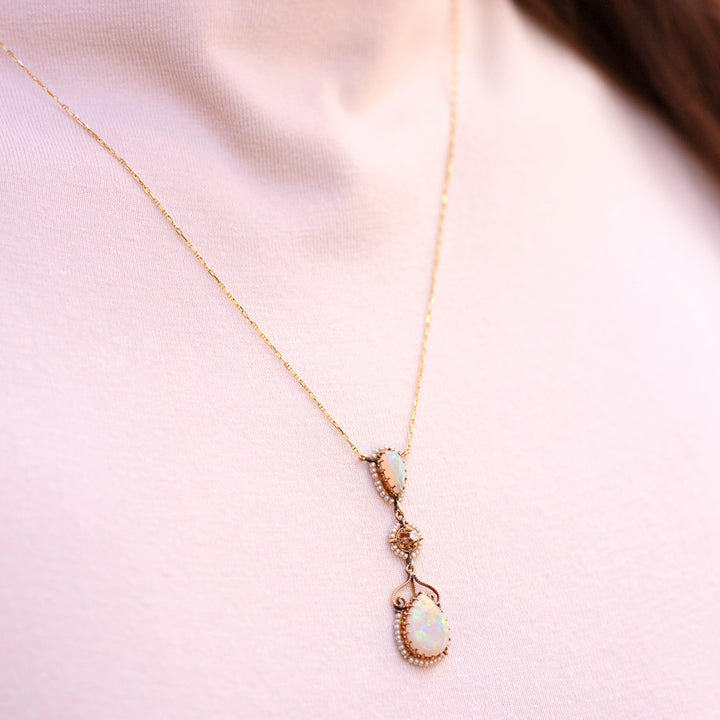 Vintage Opal, Pearl & Diamond Necklace in 10/14K Yellow Gold