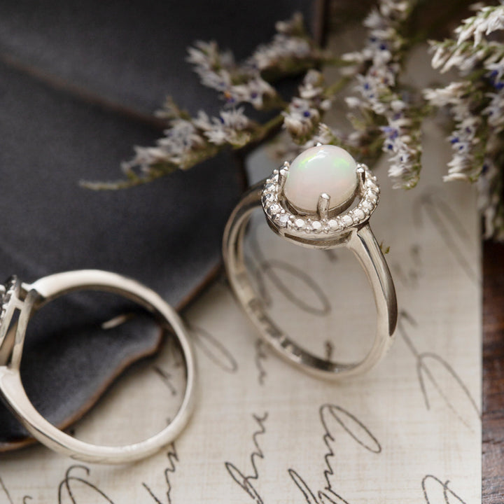 Ethiopian Opal & Lab Grown Diamond Ring in Sterling Silver