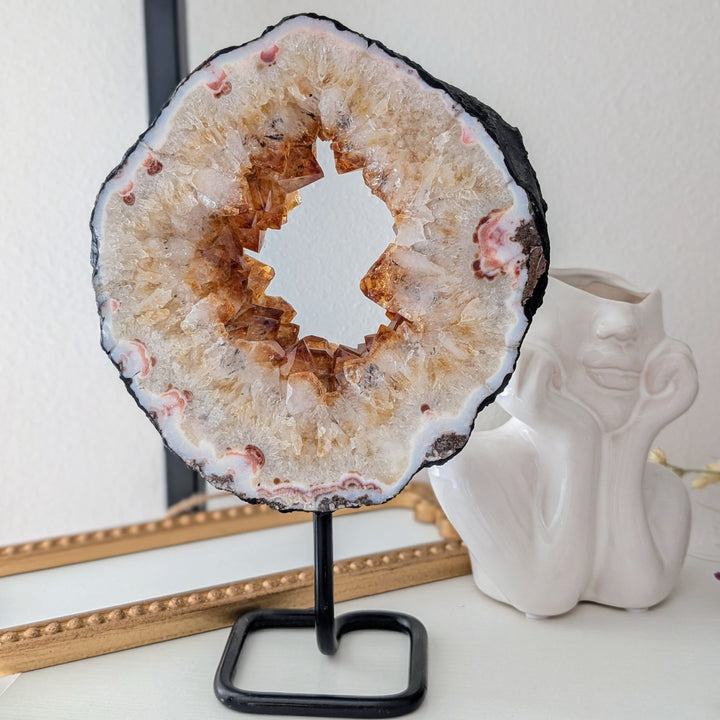 Citrine Geode Slice on Black Metal Stand
