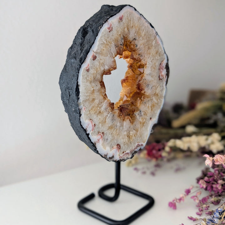 Citrine Geode Slice on Black Metal Stand