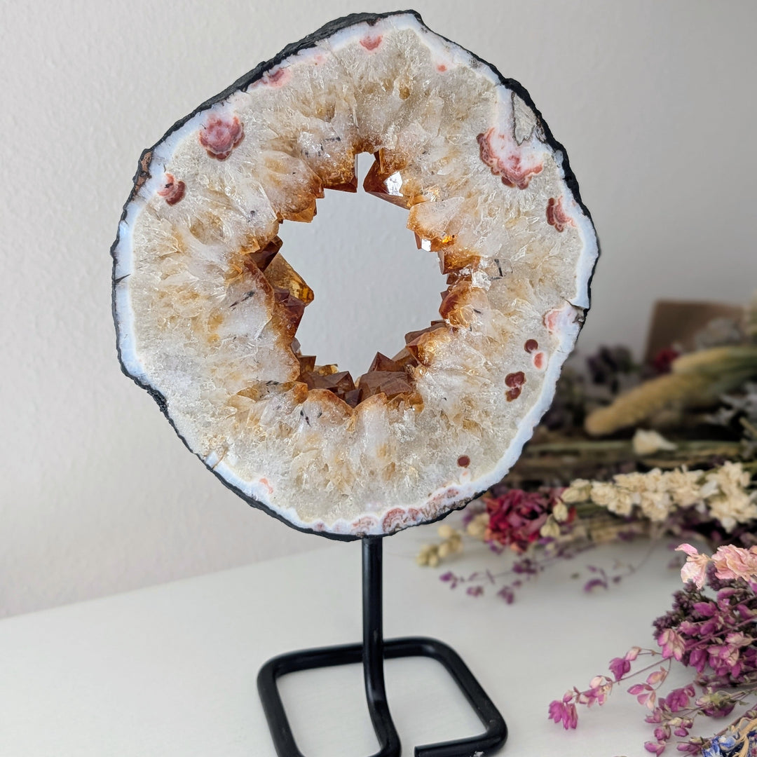 Citrine Geode Slice on Black Metal Stand