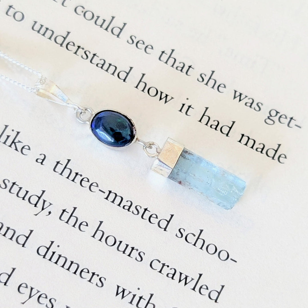 Black Ethiopian Opal & Raw Aquamarine Necklace in Sterling Silver