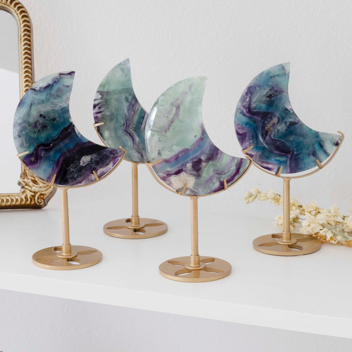 Rainbow Fluorite Crescent Moon on Gold Tone Stand
