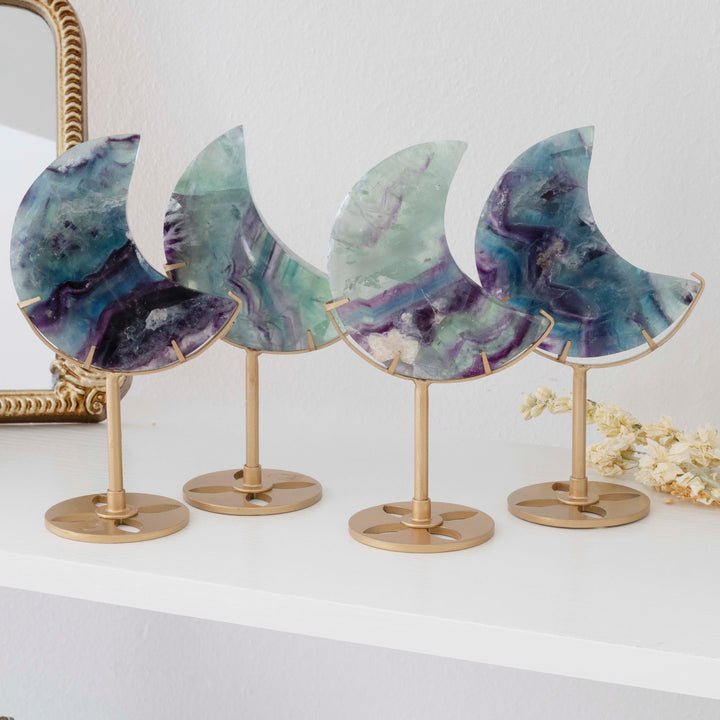 Rainbow Fluorite Crescent Moon on Gold Tone Stand