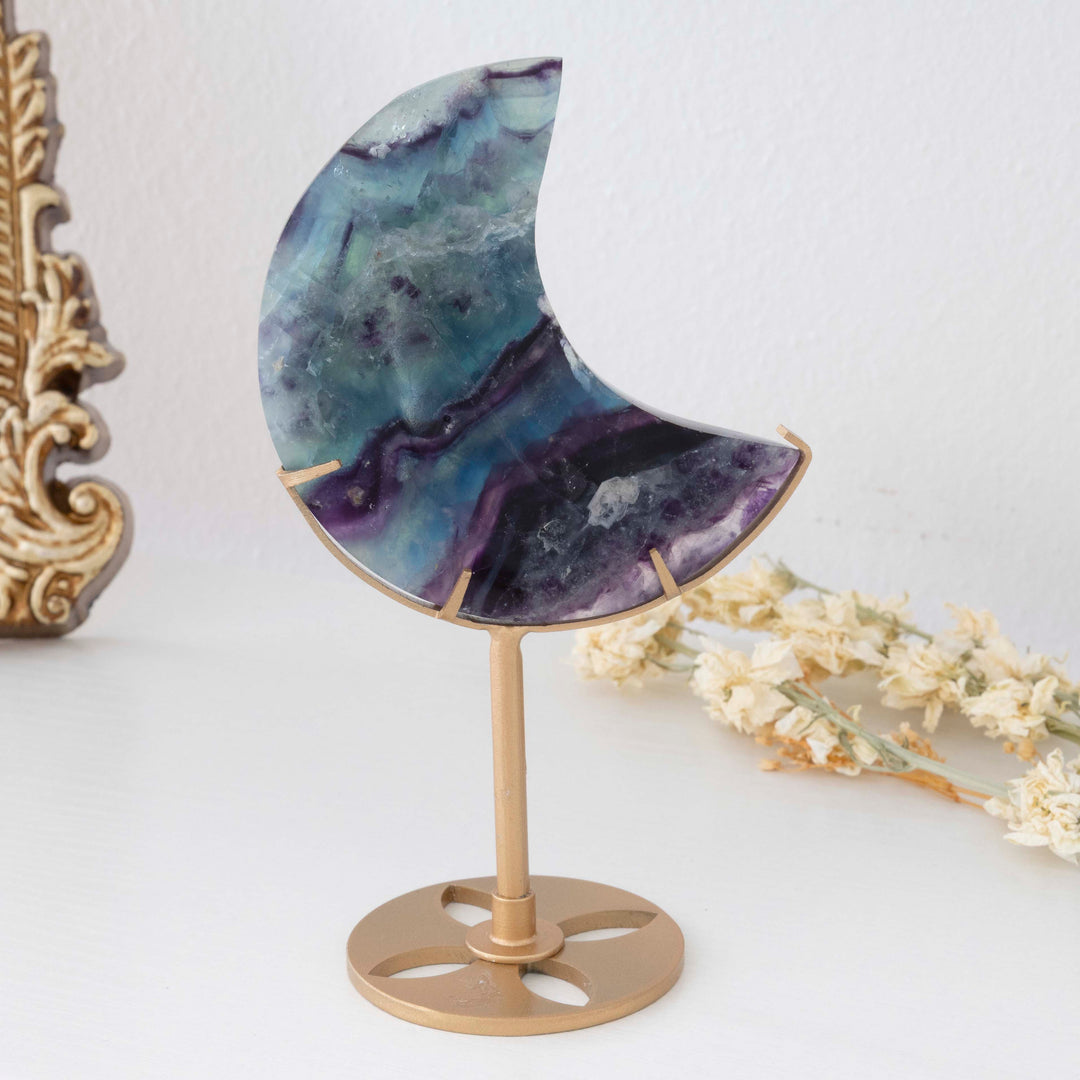 Rainbow Fluorite Crescent Moon on Gold Tone Stand