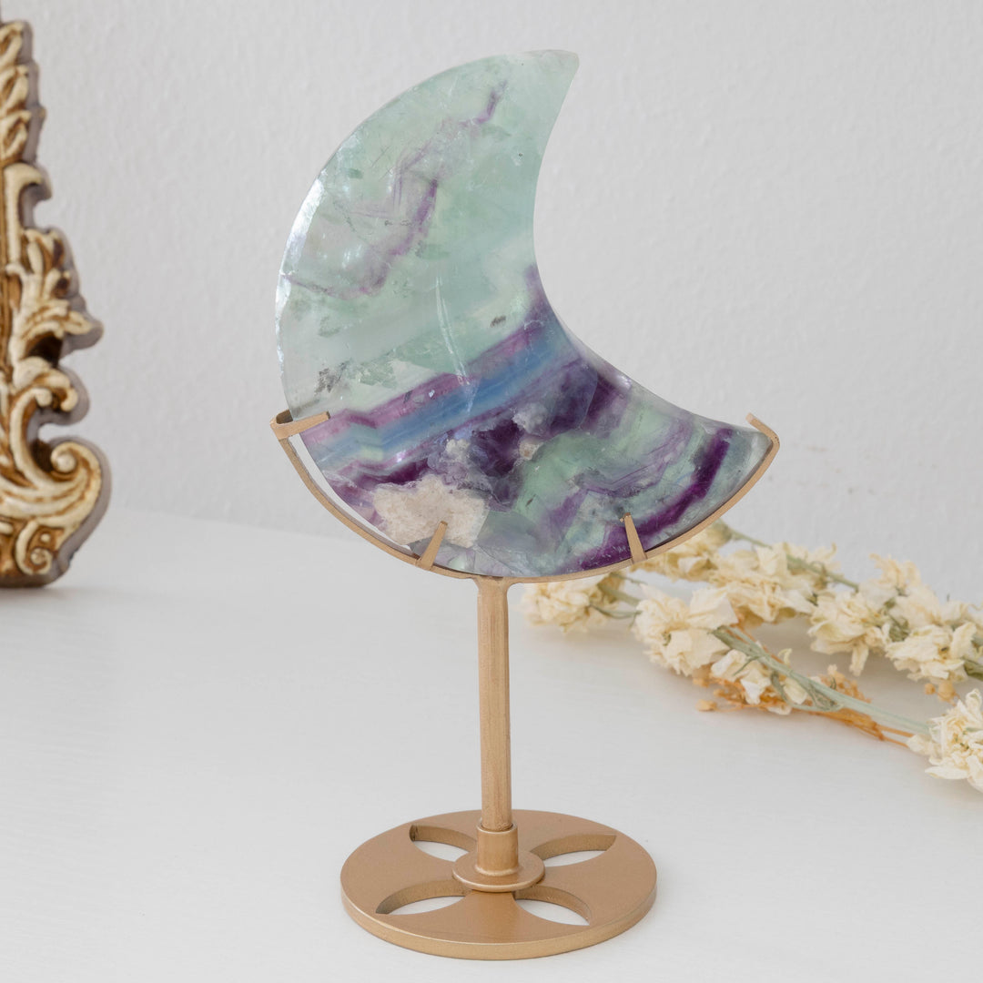 Rainbow Fluorite Crescent Moon on Gold Tone Stand