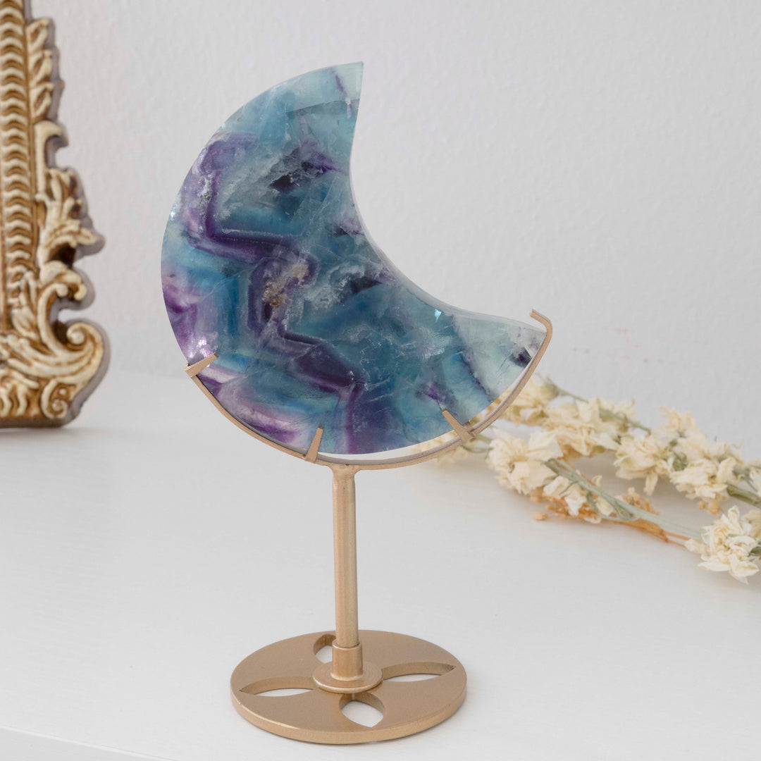 Rainbow Fluorite Crescent Moon on Gold Tone Stand