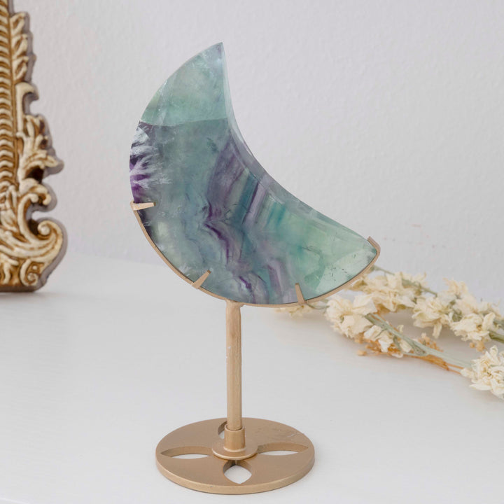 Rainbow Fluorite Crescent Moon on Gold Tone Stand