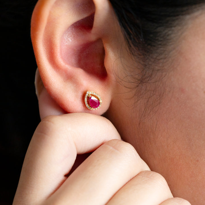 Vintage Ruby & Diamond Earrings in 14K Yellow Gold