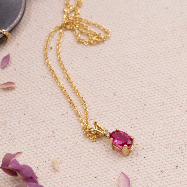 Vintage Ruby & Diamond Pendant Necklace in 14K Yellow Gold