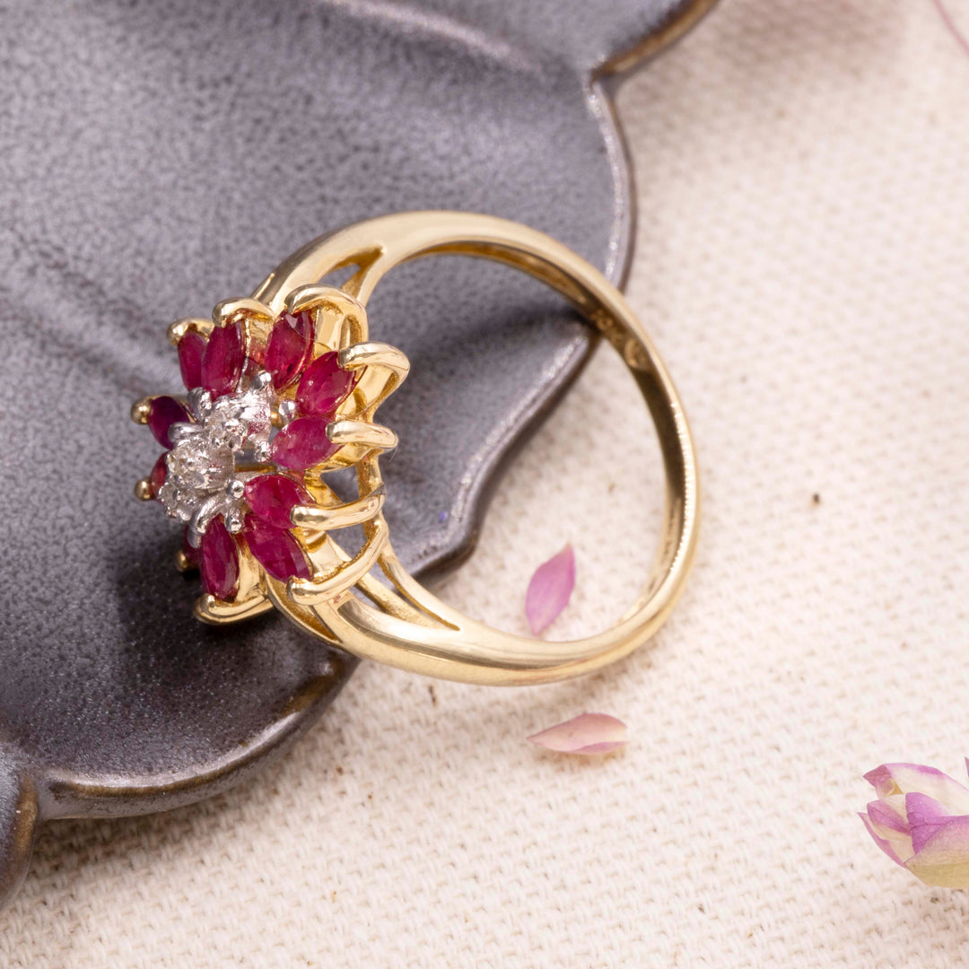 Vintage Ruby & Diamond Floral Cocktail Ring in 10K Yellow Gold
