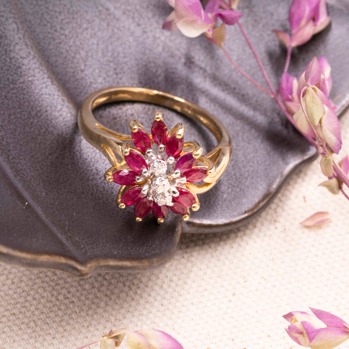 Vintage Ruby & Diamond Floral Cocktail Ring in 10K Yellow Gold