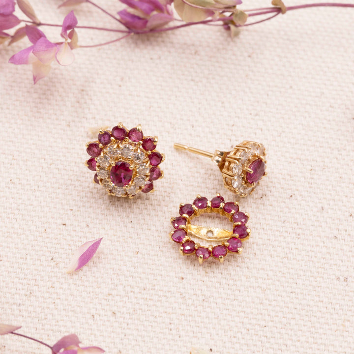 Vintage Ruby & Diamond Floral Cluster Stud Earrings with Ruby Jackets in 14K Yellow Gold