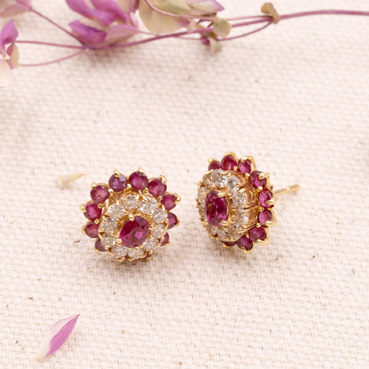 Vintage Ruby & Diamond Floral Cluster Stud Earrings with Ruby Jackets in 14K Yellow Gold