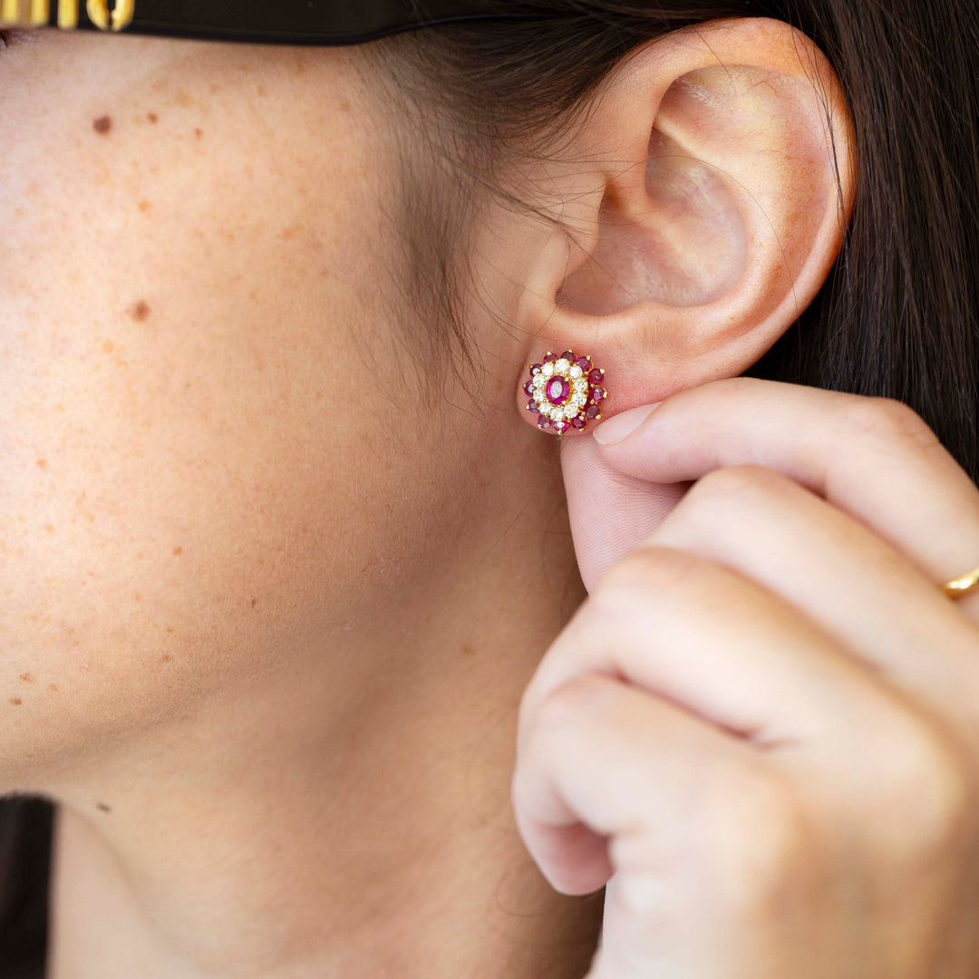 Vintage Ruby & Diamond Floral Cluster Stud Earrings with Ruby Jackets in 14K Yellow Gold