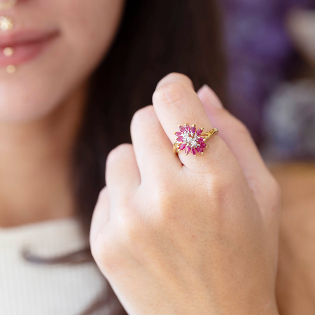 Vintage Ruby & Diamond Floral Cocktail Ring in 10K Yellow Gold