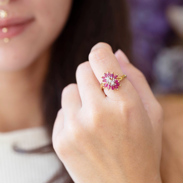 Vintage Ruby & Diamond Floral Cocktail Ring in 10K Yellow Gold