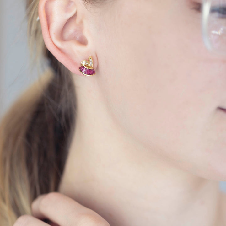 Vintage Ruby & Diamond Earrings in 14K Yellow Gold