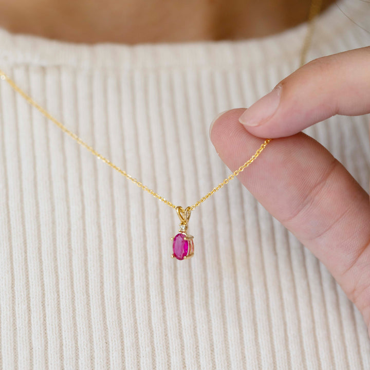 Vintage Ruby & Diamond Pendant Necklace in 14K Yellow Gold
