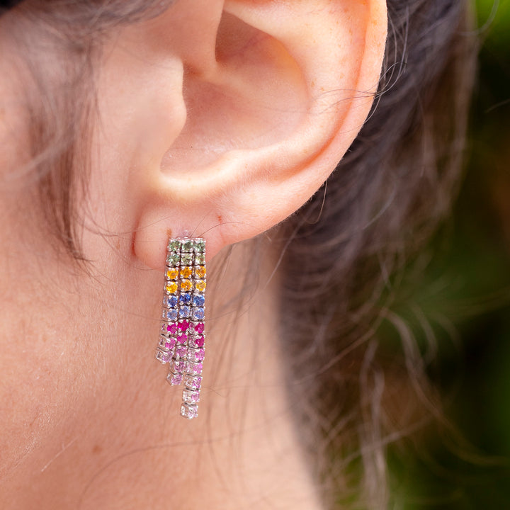 Vintage Multicolored Sapphire Fringe Dangle Earrings in 14K White Gold